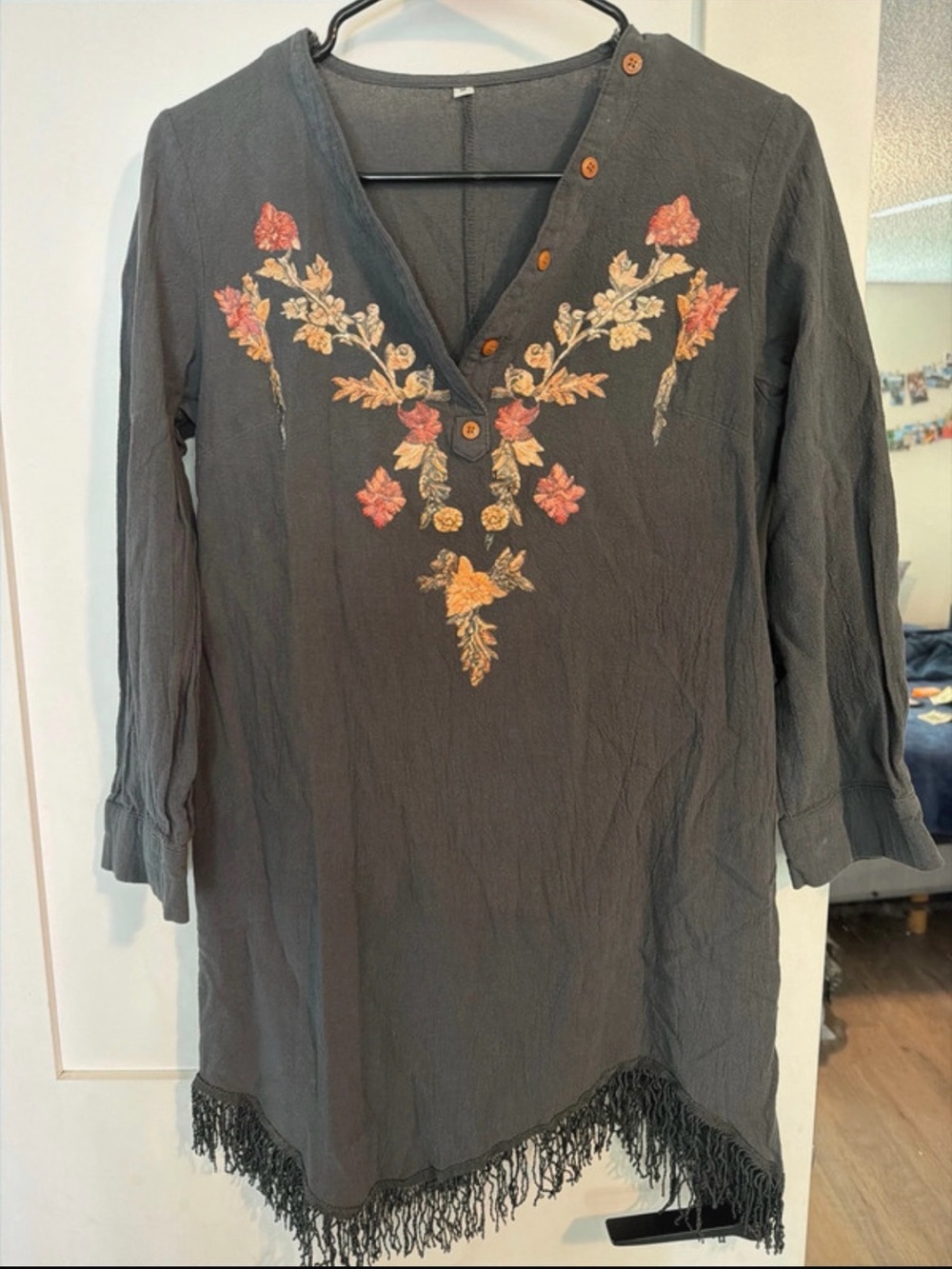 Embroidered V-Neck Fringe Tunic Top - Dark Gray